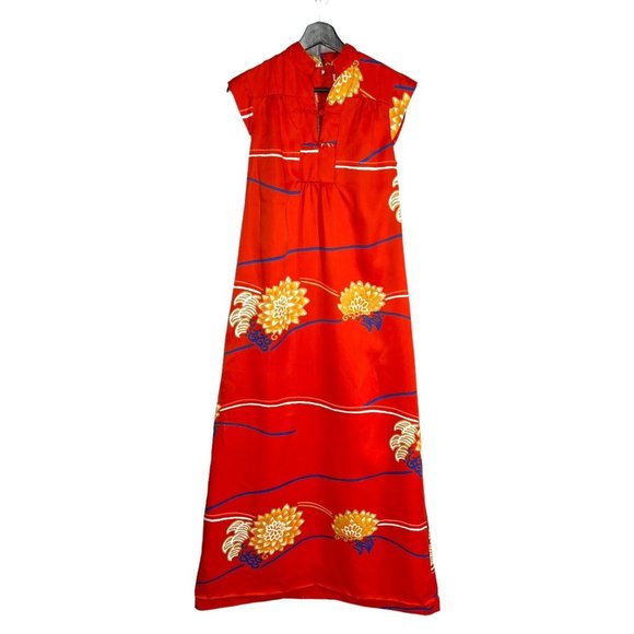 Vintage 60s Andrade Orange Red Tent Shape Floral Print Short Sleeve Hawaiian Dre - Picture 1 of 7